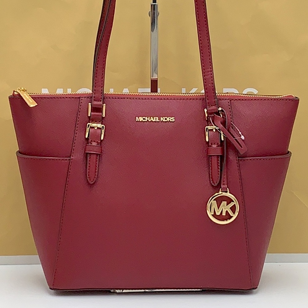 NWT MICHAEL KORS CHARLOTTE LARGE TOP ZIP TOTE BAG Dark Berry COLOR